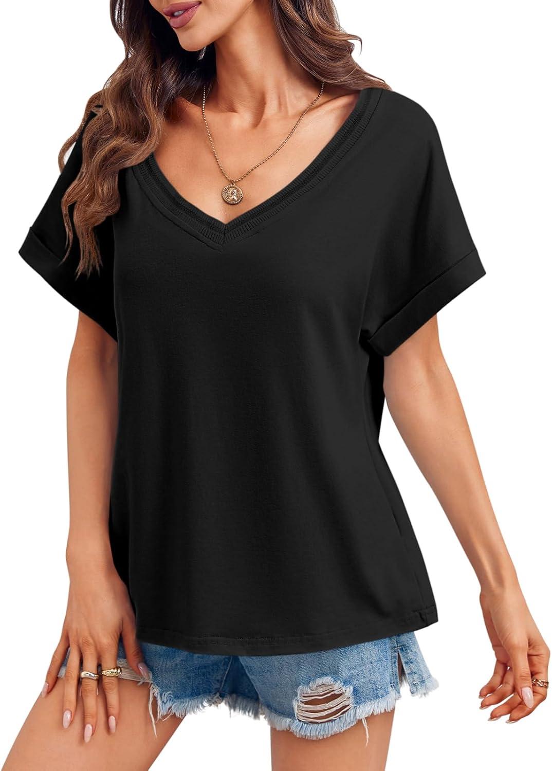 imageTankaneo Womens Deep V Neck TShirts Oversized Casual Summer Loose Fit Short Sleeve TopsBlack
