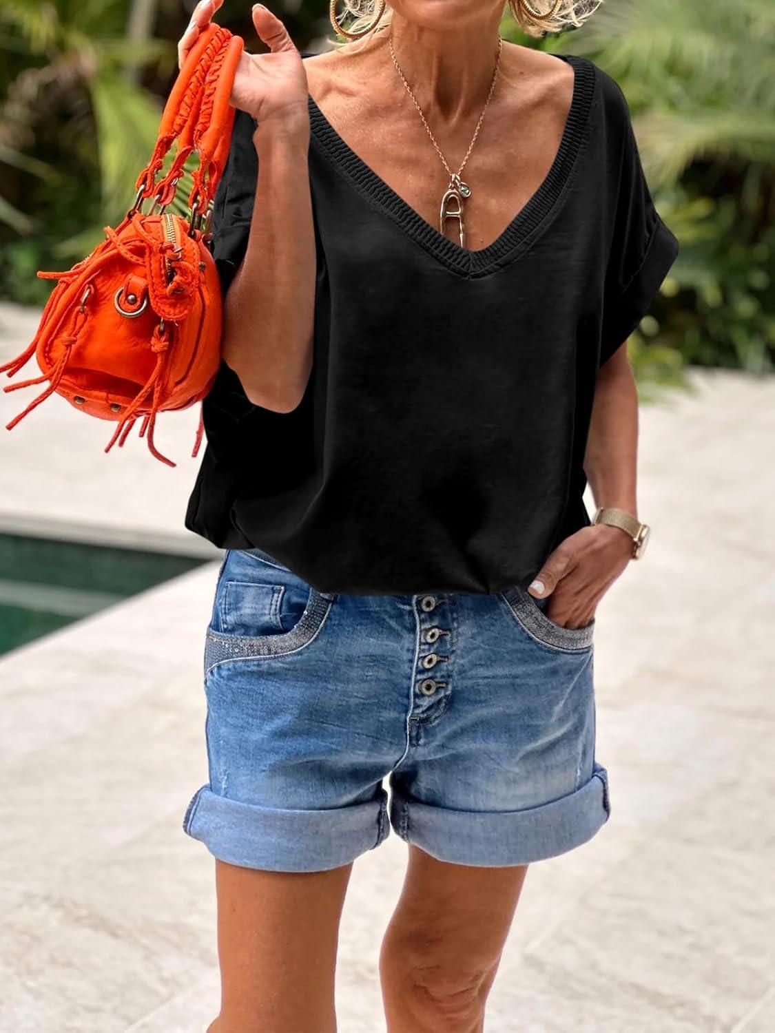 imageTankaneo Womens Deep V Neck TShirts Oversized Casual Summer Loose Fit Short Sleeve TopsBlack