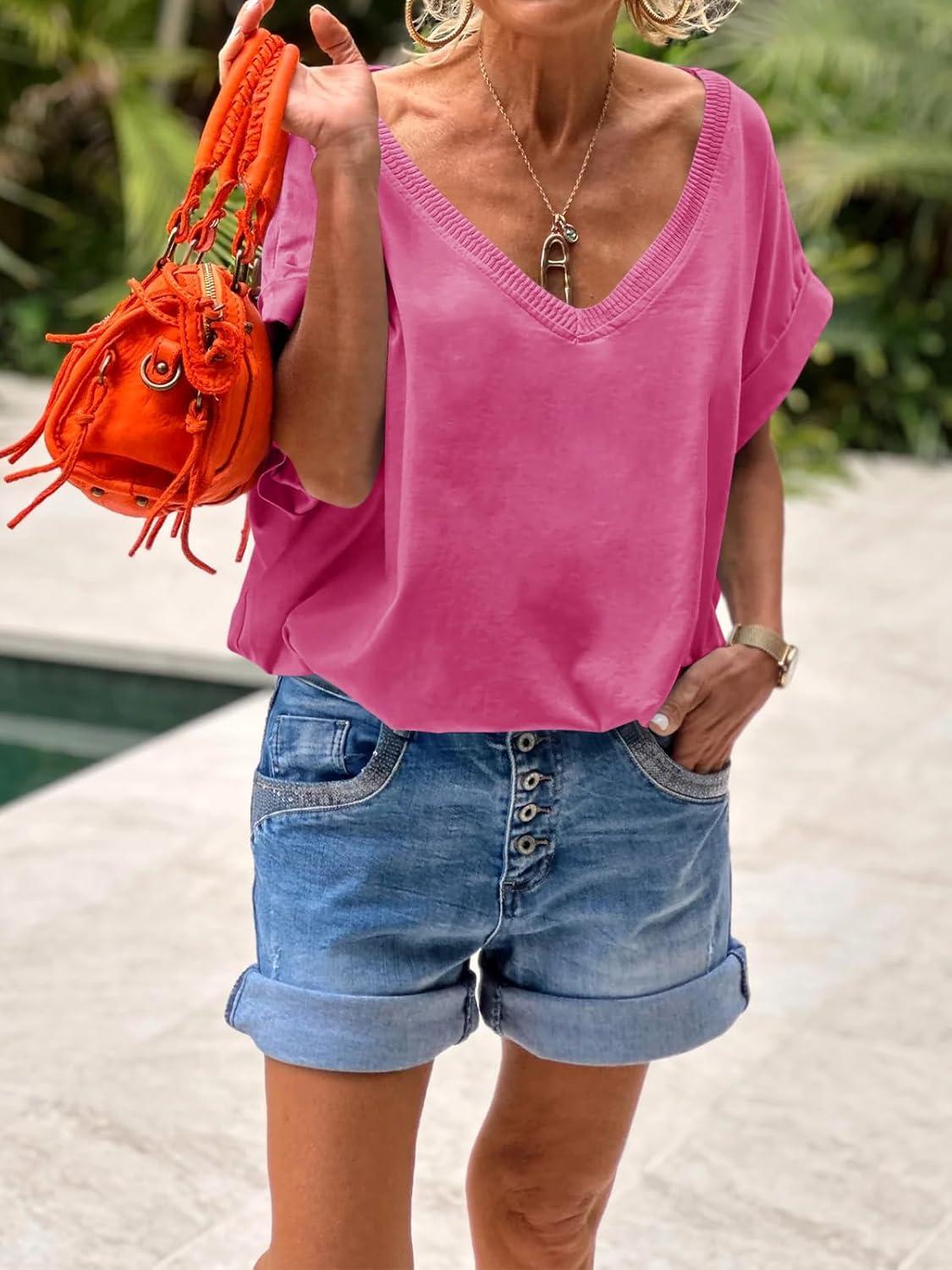 imageTankaneo Womens Deep V Neck TShirts Oversized Casual Summer Loose Fit Short Sleeve TopsHot Pink