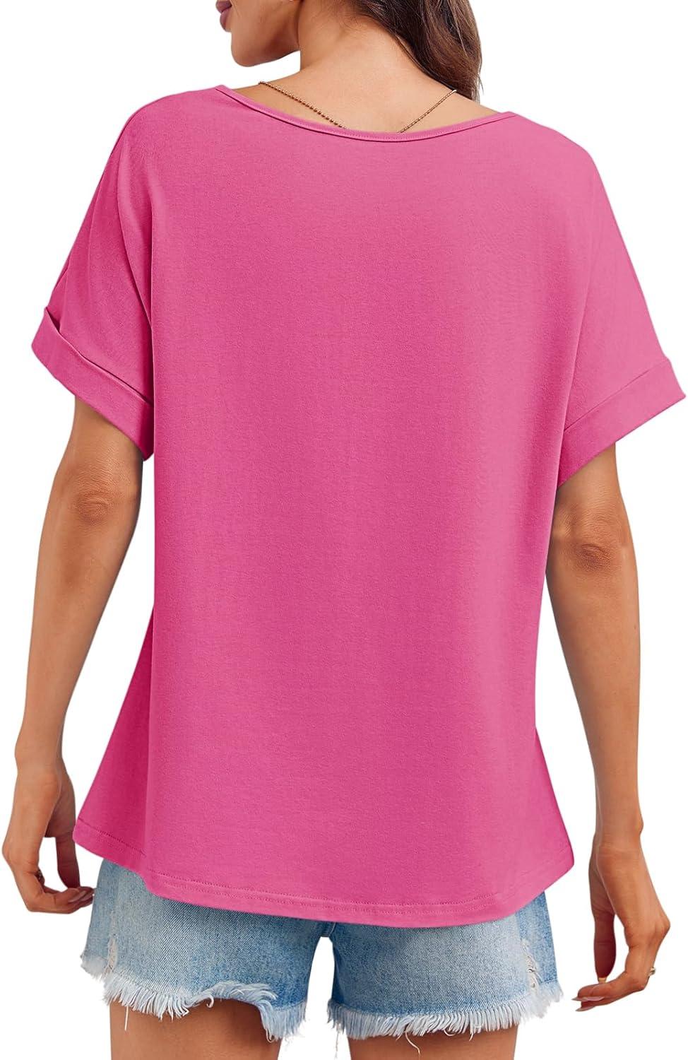 imageTankaneo Womens Deep V Neck TShirts Oversized Casual Summer Loose Fit Short Sleeve TopsHot Pink