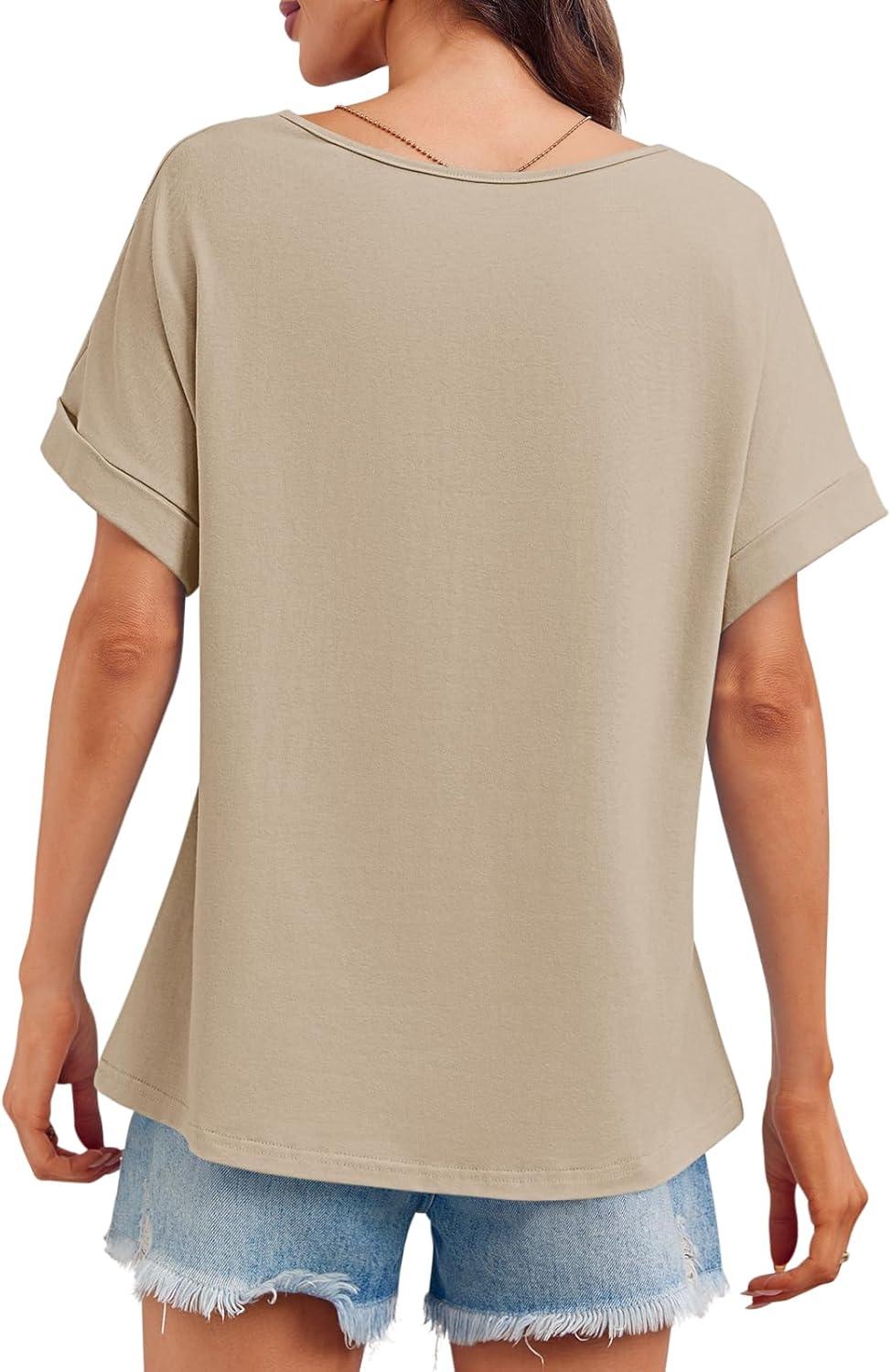 imageTankaneo Womens Deep V Neck TShirts Oversized Casual Summer Loose Fit Short Sleeve TopsKhaki