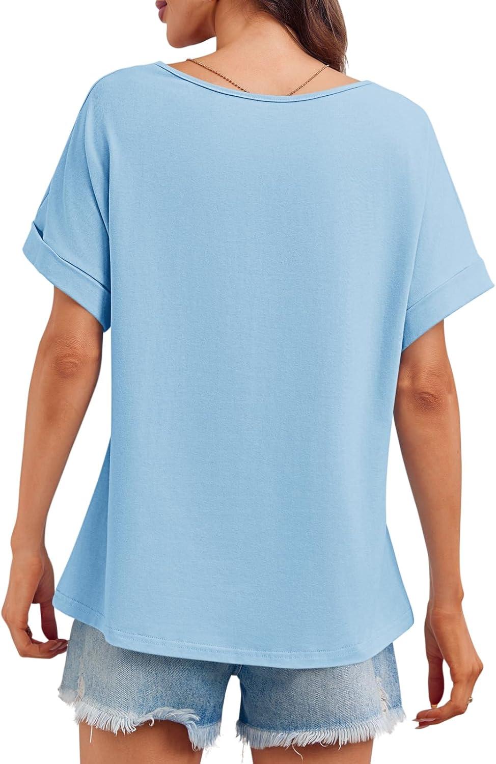 imageTankaneo Womens Deep V Neck TShirts Oversized Casual Summer Loose Fit Short Sleeve TopsSky Blue