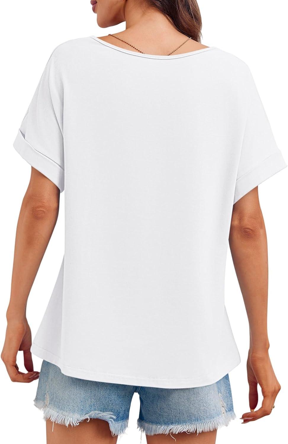 imageTankaneo Womens Deep V Neck TShirts Oversized Casual Summer Loose Fit Short Sleeve TopsWhite