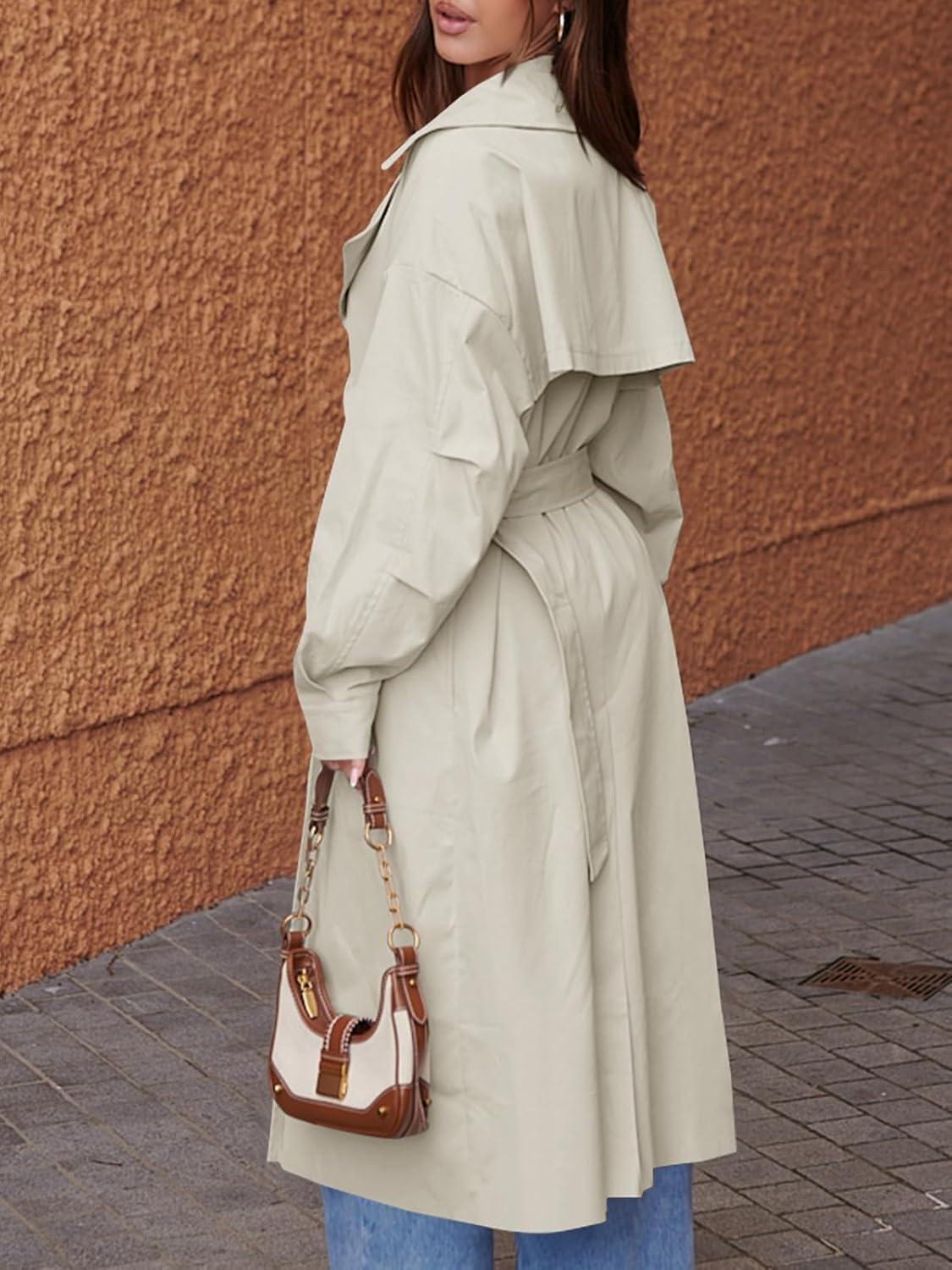 imageTankaneo Womens Double Breasted Long Trench Coat Oversized Classic Lapel Belted OvercoatApricot