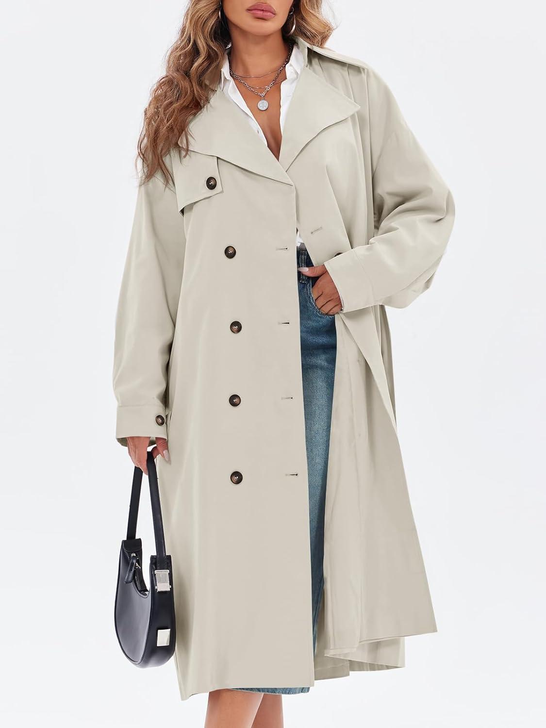 imageTankaneo Womens Double Breasted Long Trench Coat Oversized Classic Lapel Belted OvercoatApricot