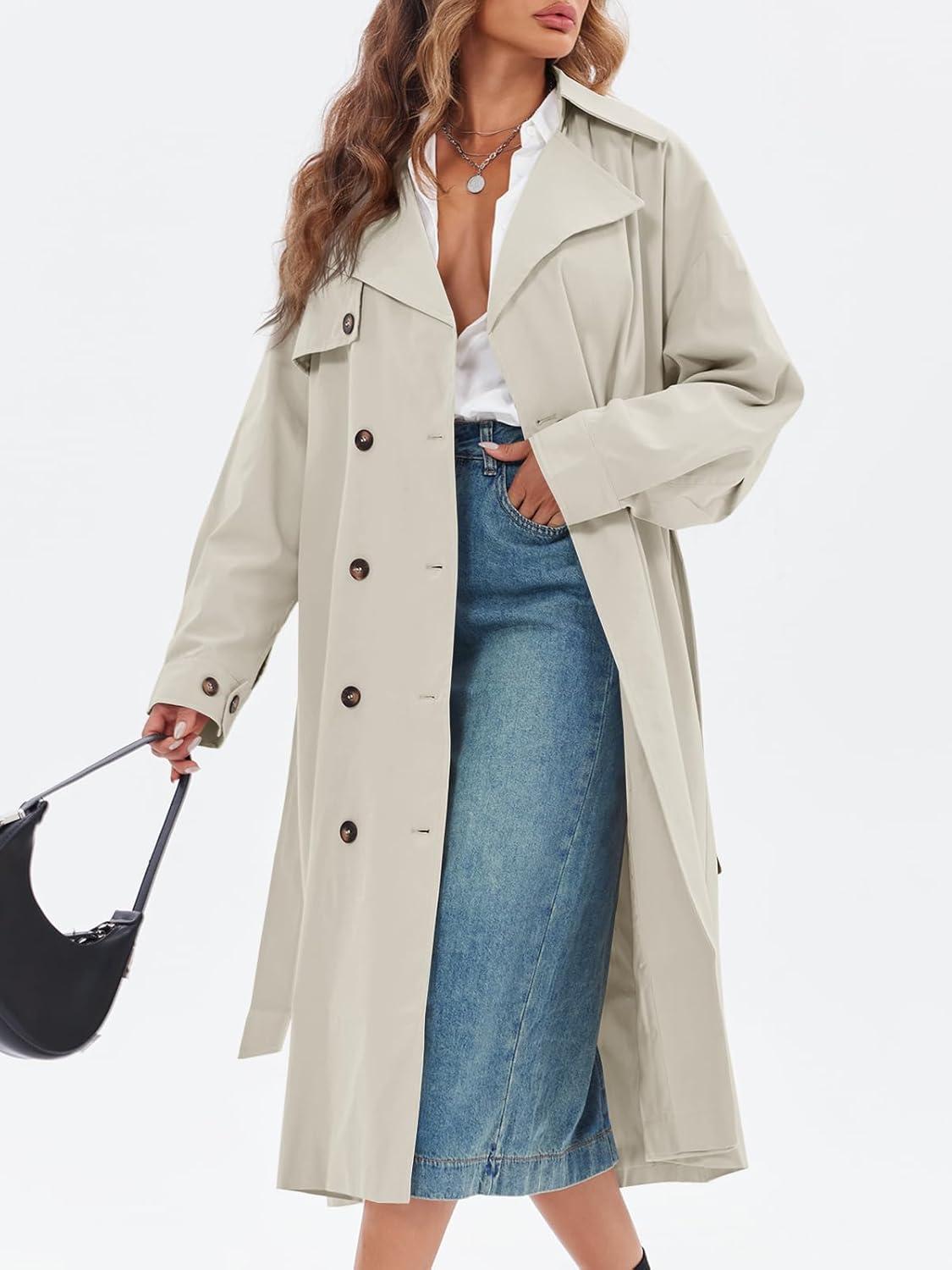 imageTankaneo Womens Double Breasted Long Trench Coat Oversized Classic Lapel Belted OvercoatApricot