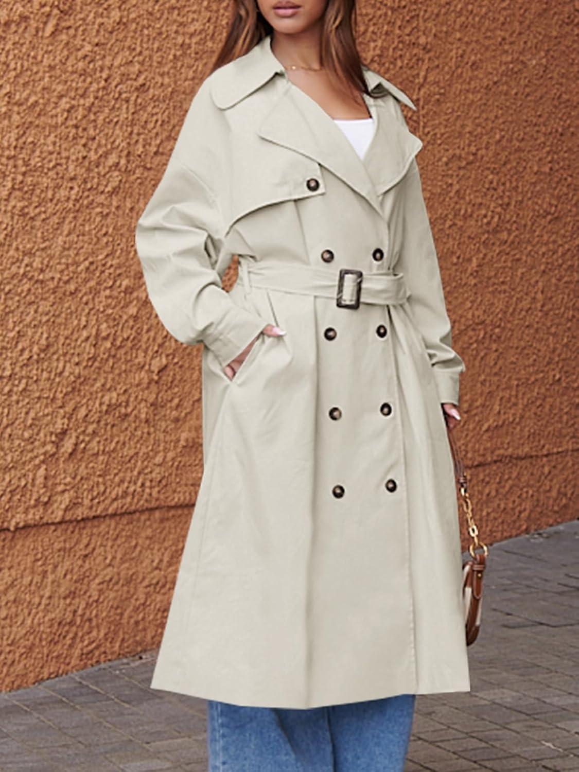 imageTankaneo Womens Double Breasted Long Trench Coat Oversized Classic Lapel Belted OvercoatApricot
