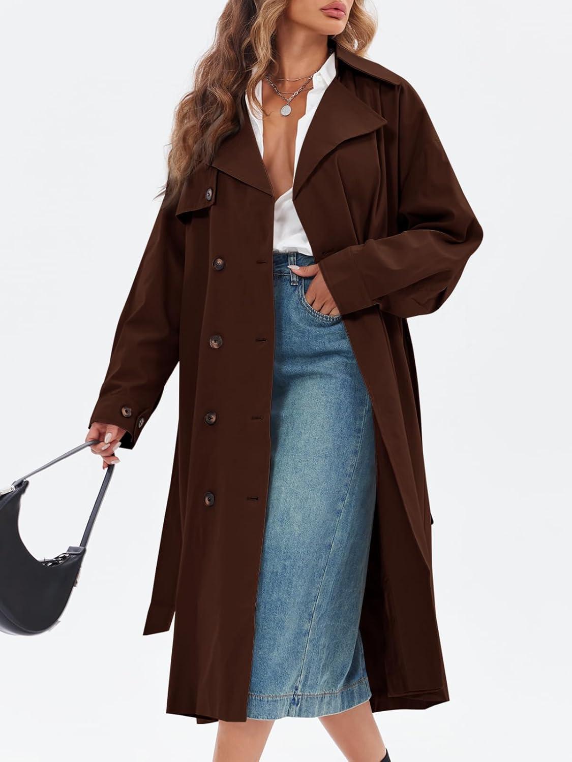 imageTankaneo Womens Double Breasted Long Trench Coat Oversized Classic Lapel Belted OvercoatCoffee