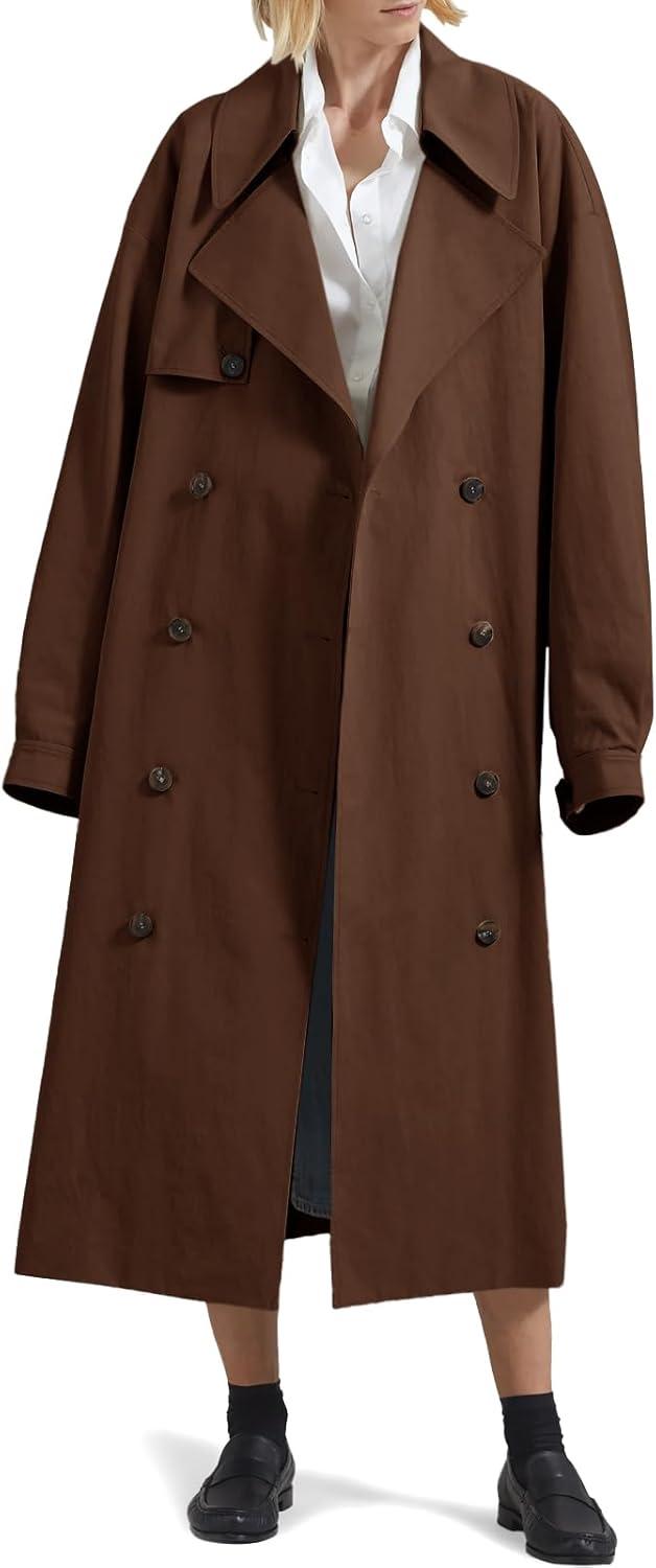 imageTankaneo Womens Double Breasted Long Trench Coat Oversized Classic Lapel Belted OvercoatCoffee