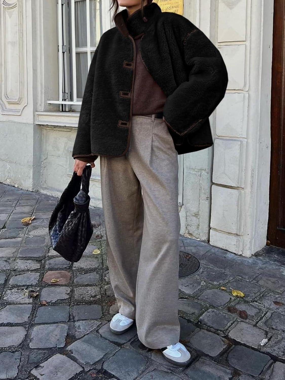 imageTankaneo Womens Faux Fur Jackets Warm Winter Casual Button Down Stand Collar Long Sleeve Shaggy Outwear CoatsBlack