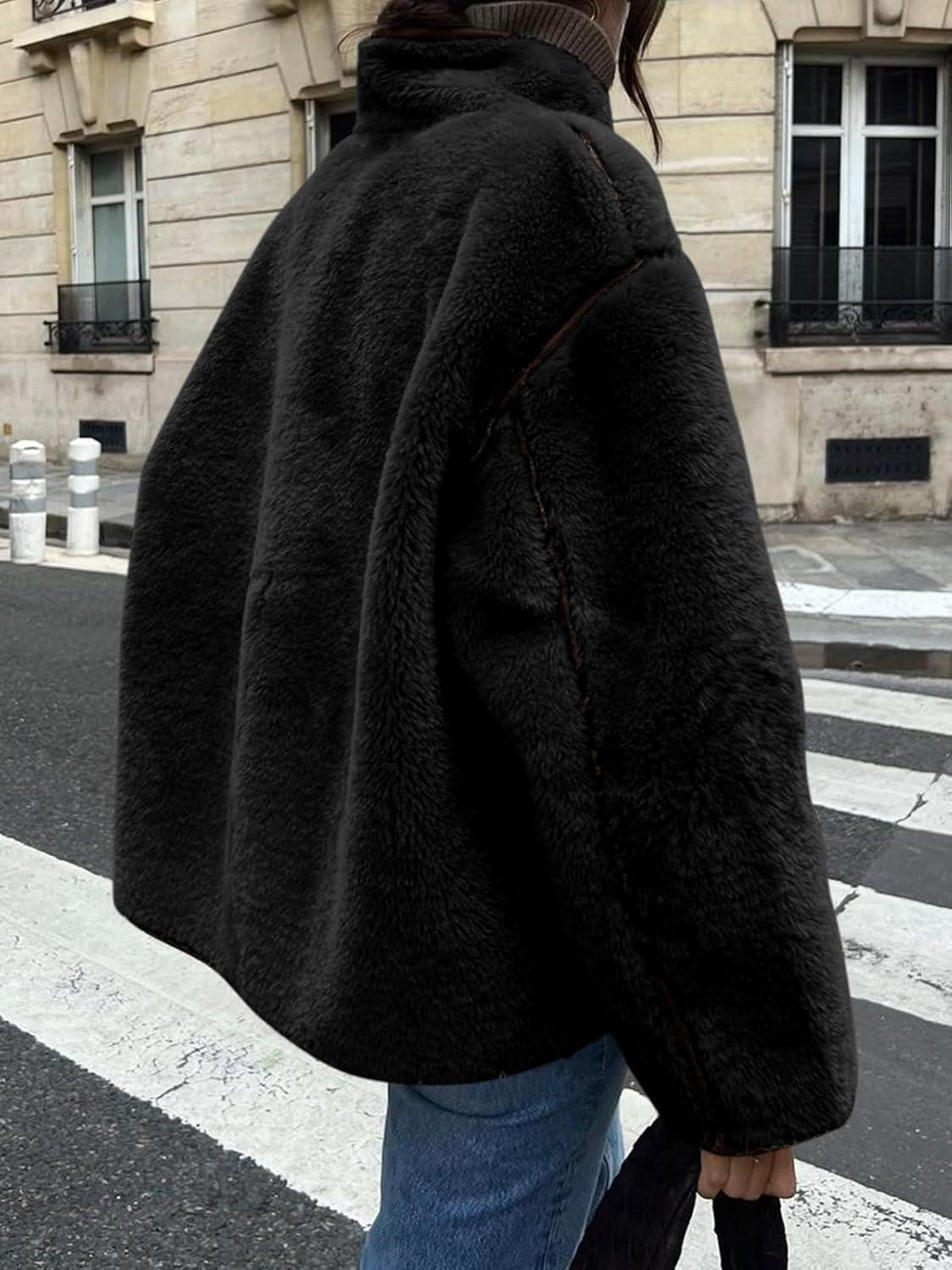 imageTankaneo Womens Faux Fur Jackets Warm Winter Casual Button Down Stand Collar Long Sleeve Shaggy Outwear CoatsBlack