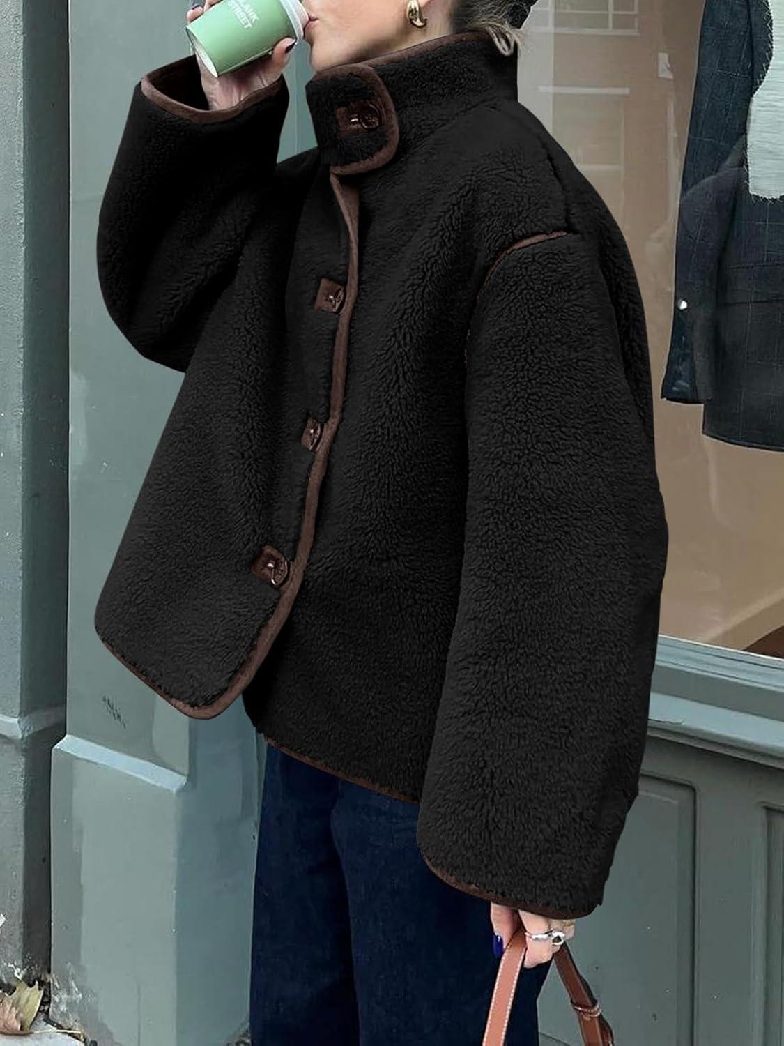 imageTankaneo Womens Faux Fur Jackets Warm Winter Casual Button Down Stand Collar Long Sleeve Shaggy Outwear CoatsBlack