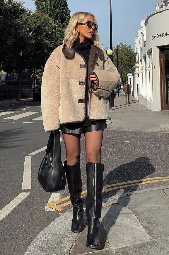 imageTankaneo Womens Faux Fur Jackets Warm Winter Casual Button Down Stand Collar Long Sleeve Shaggy Outwear CoatsBlack