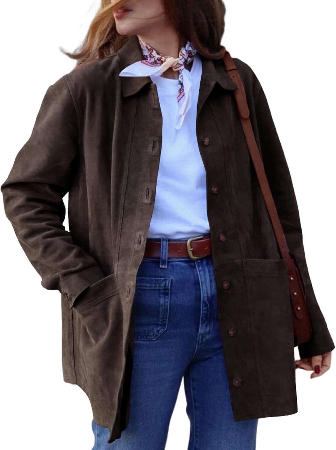 imageTankaneo Womens Faux Suede Jackets Button Down Long Sleeve Shackets Coat Trendy 2025 Spring ClothesDark Brown