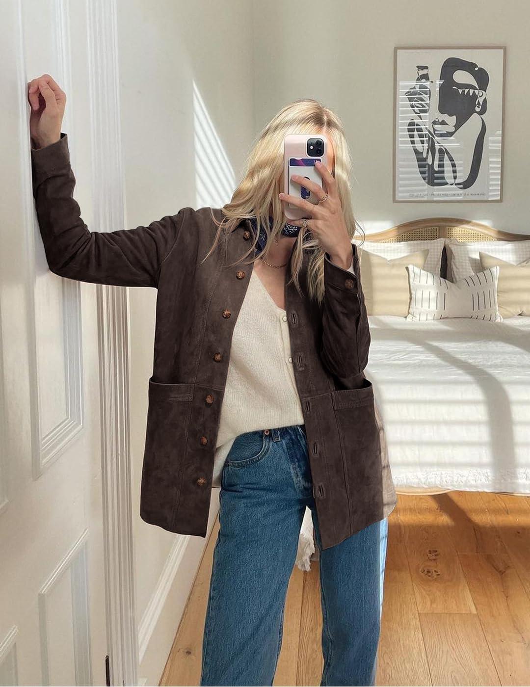 imageTankaneo Womens Faux Suede Jackets Button Down Long Sleeve Shackets Coat Trendy 2025 Spring ClothesDark Brown