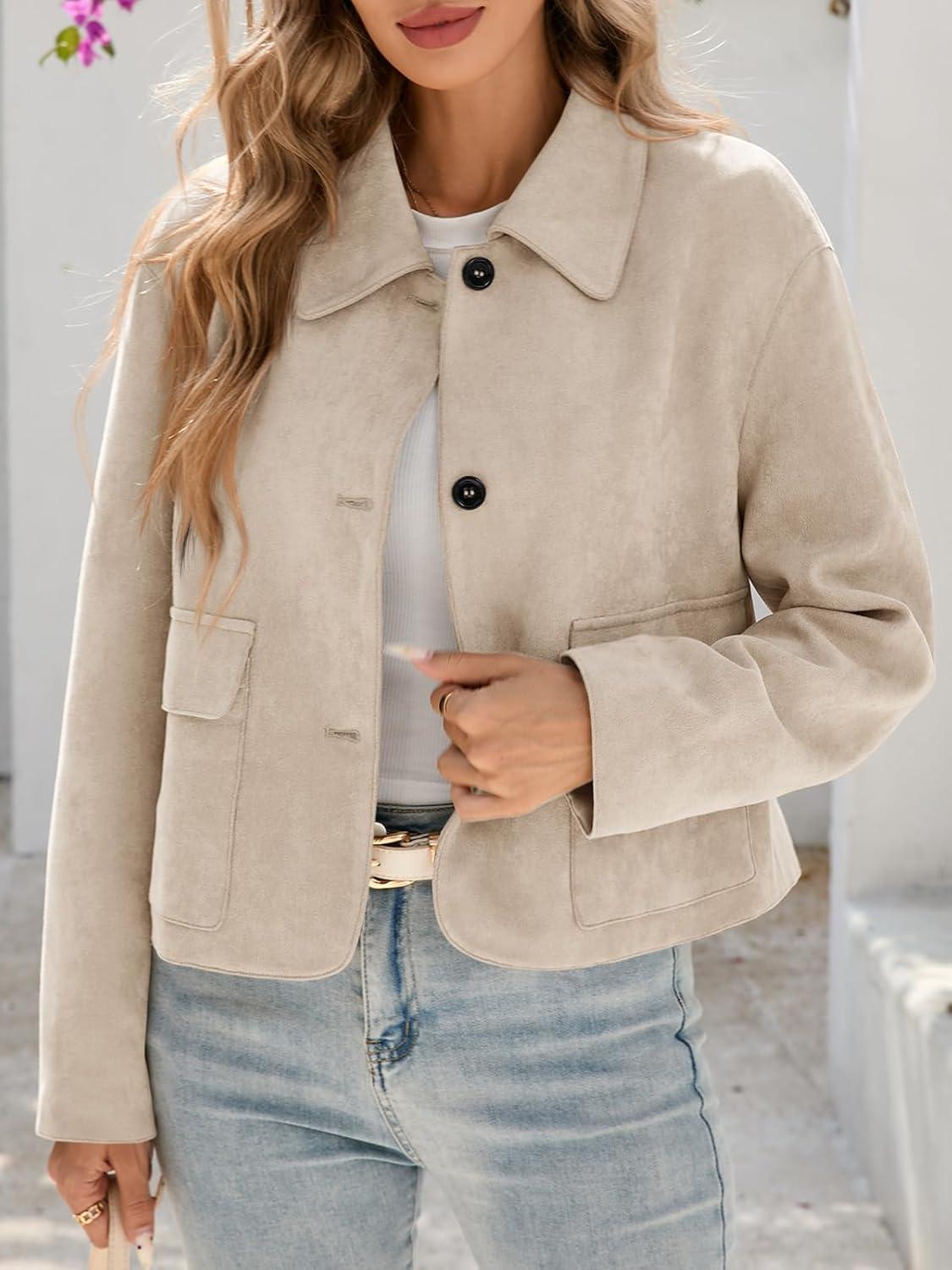 imageTankaneo Womens Faux Suede Leather Jackets Casual Cropped Coats Vintage Button Down ShacketsBeige