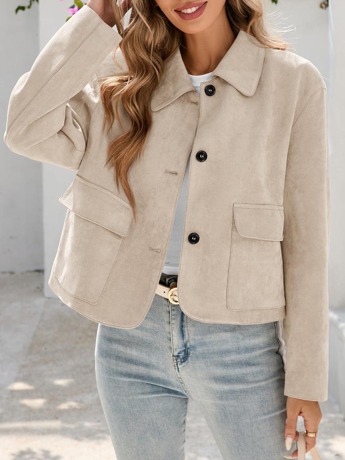 imageTankaneo Womens Faux Suede Leather Jackets Casual Cropped Coats Vintage Button Down ShacketsBeige