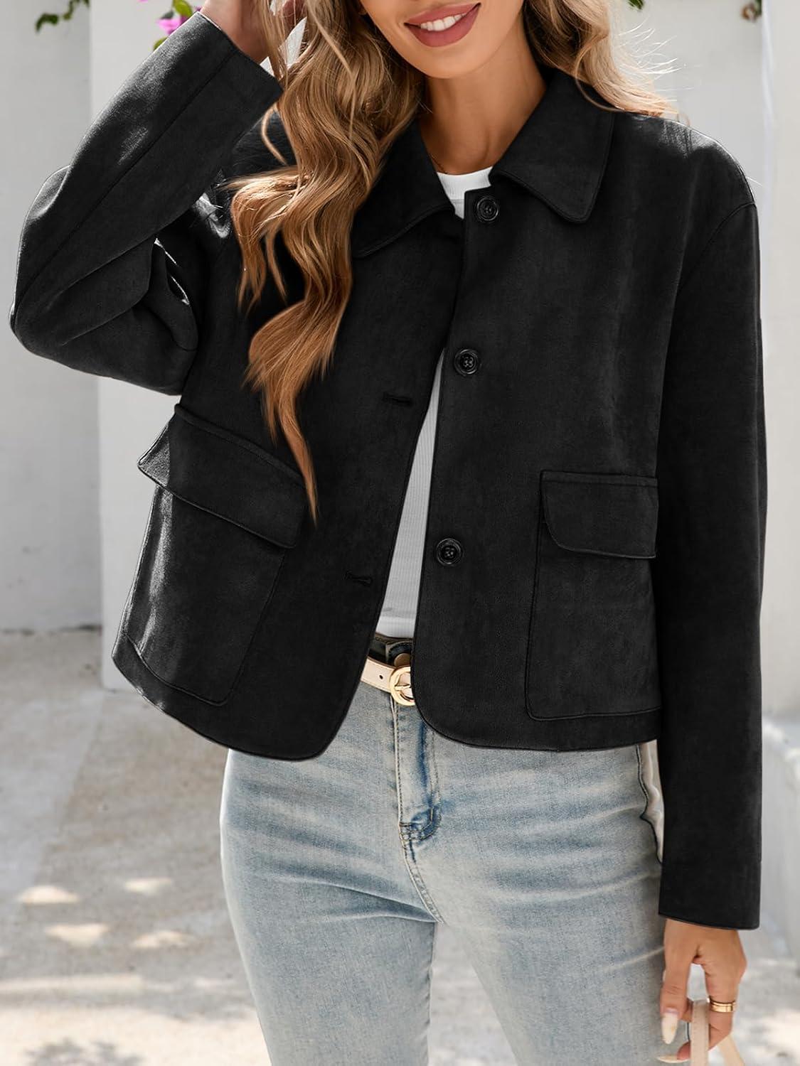 imageTankaneo Womens Faux Suede Leather Jackets Casual Cropped Coats Vintage Button Down ShacketsBlack