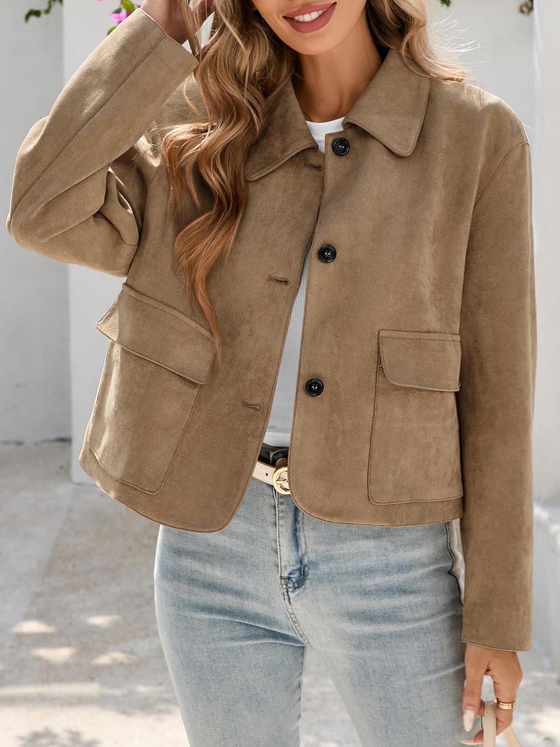 imageTankaneo Womens Faux Suede Leather Jackets Casual Cropped Coats Vintage Button Down ShacketsDark Brown