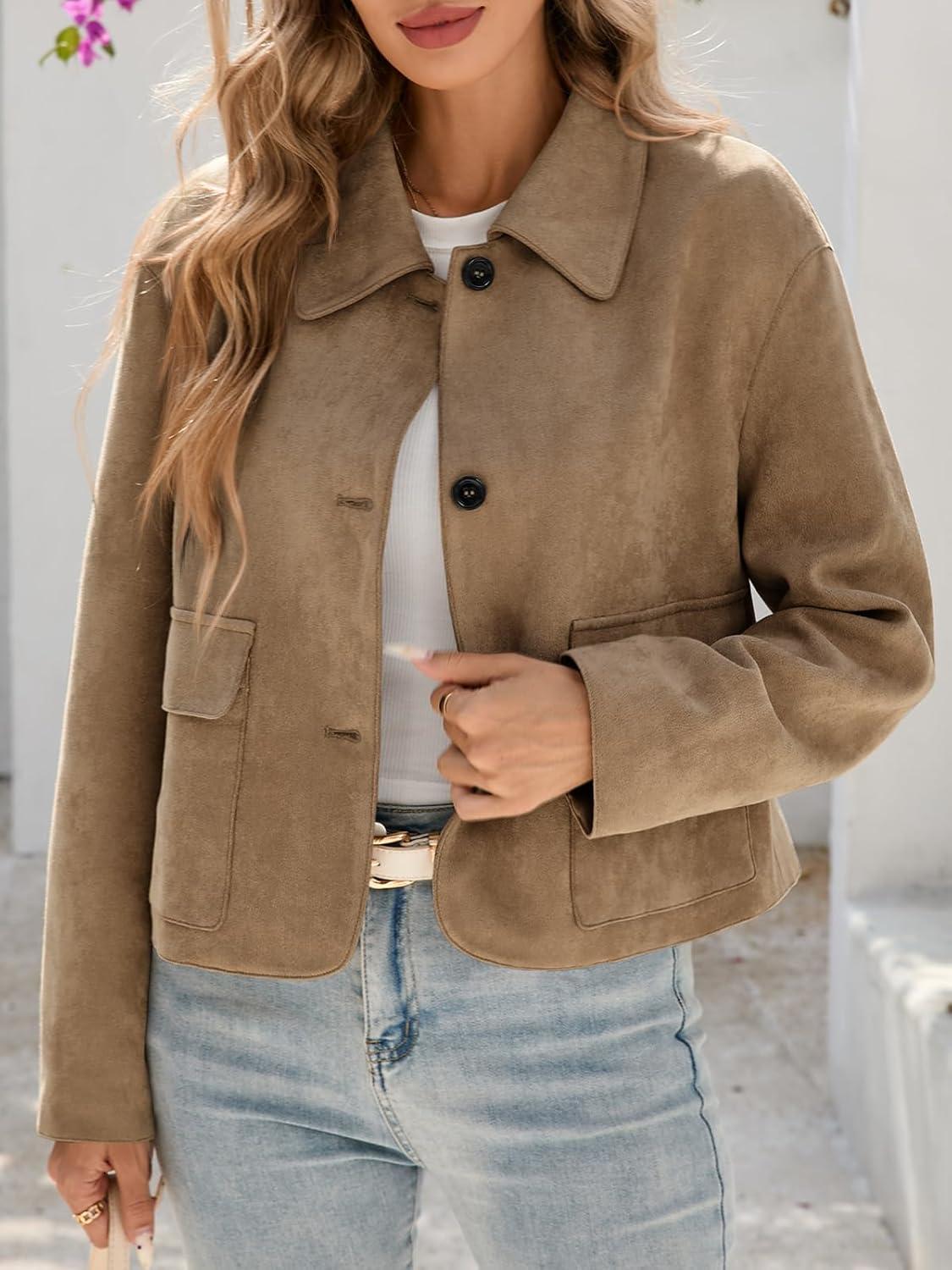 imageTankaneo Womens Faux Suede Leather Jackets Casual Cropped Coats Vintage Button Down ShacketsDark Brown