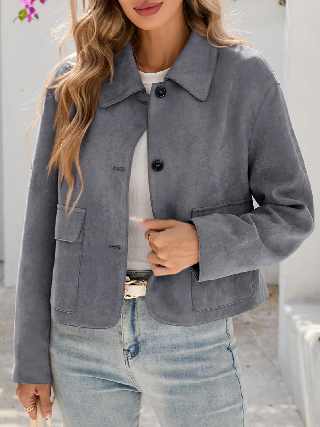 imageTankaneo Womens Faux Suede Leather Jackets Casual Cropped Coats Vintage Button Down ShacketsDark Grey