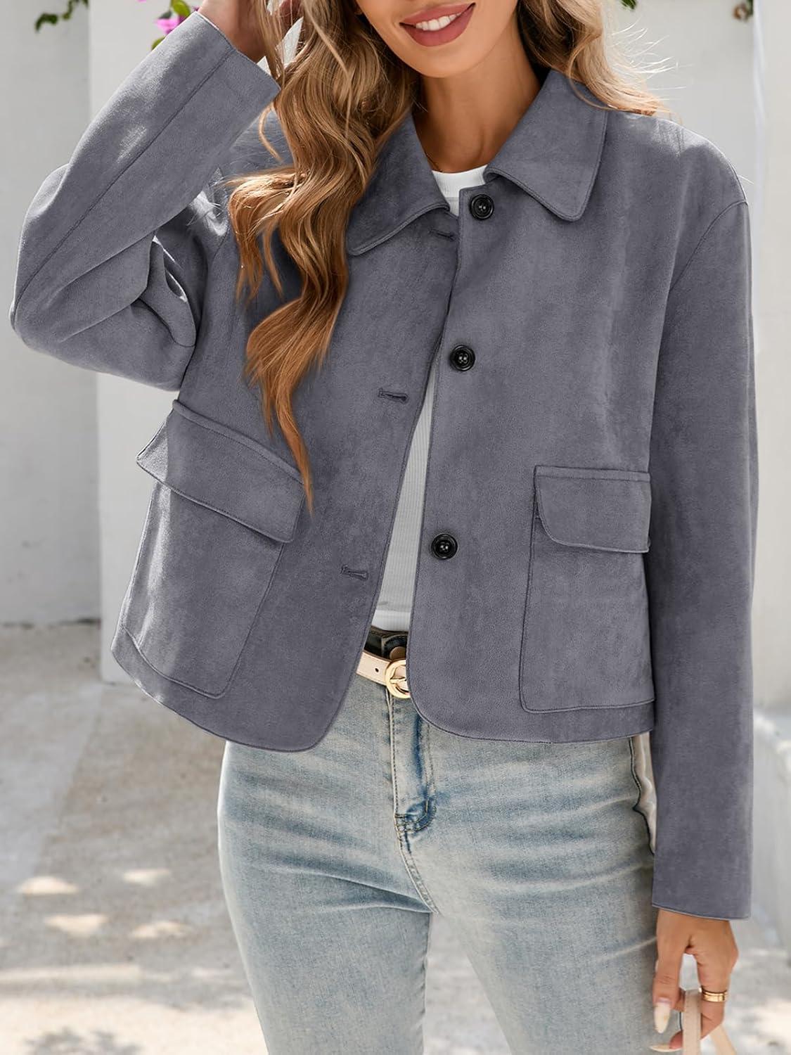 imageTankaneo Womens Faux Suede Leather Jackets Casual Cropped Coats Vintage Button Down ShacketsDark Grey