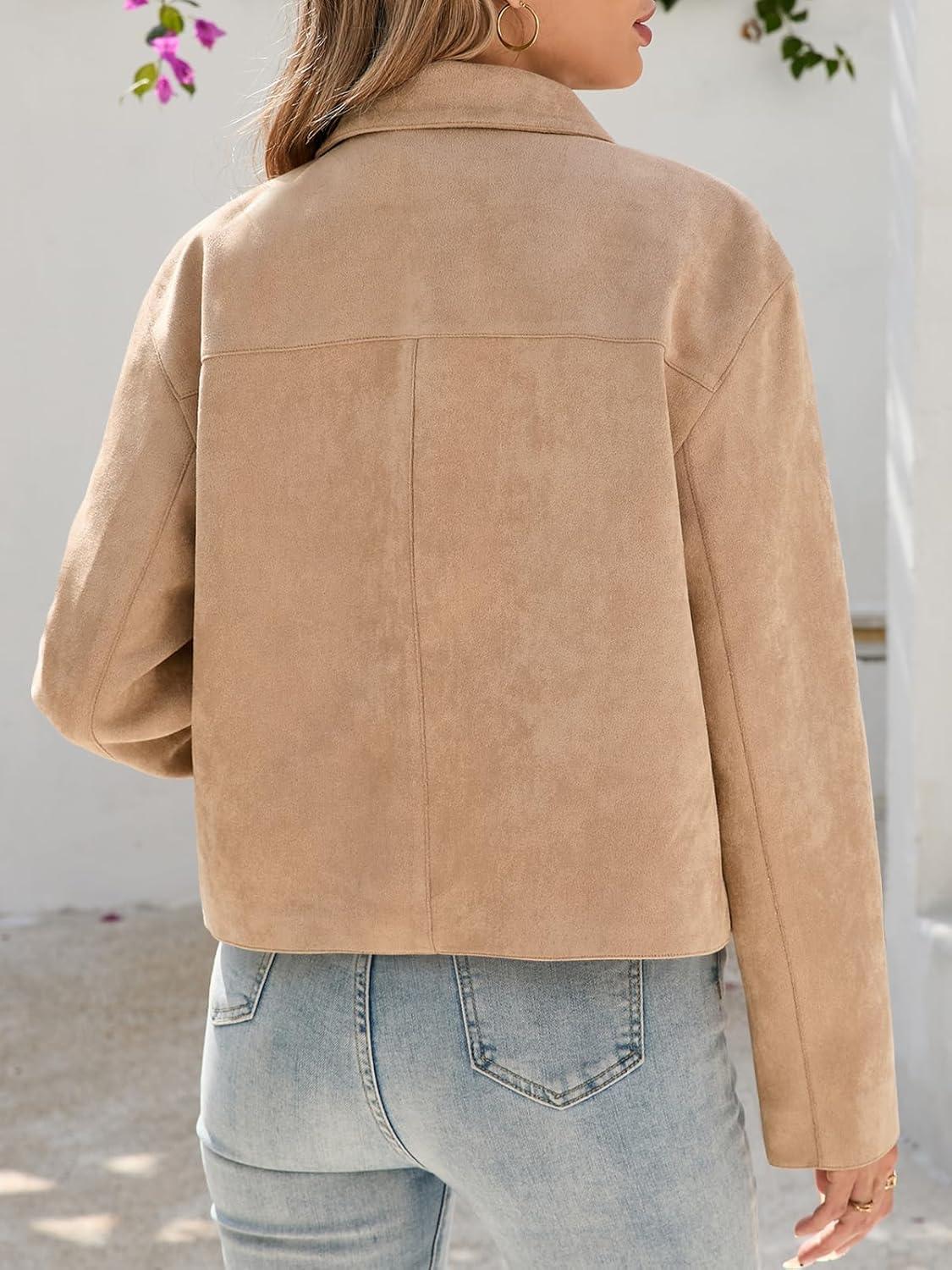 imageTankaneo Womens Faux Suede Leather Jackets Casual Cropped Coats Vintage Button Down ShacketsKhaki