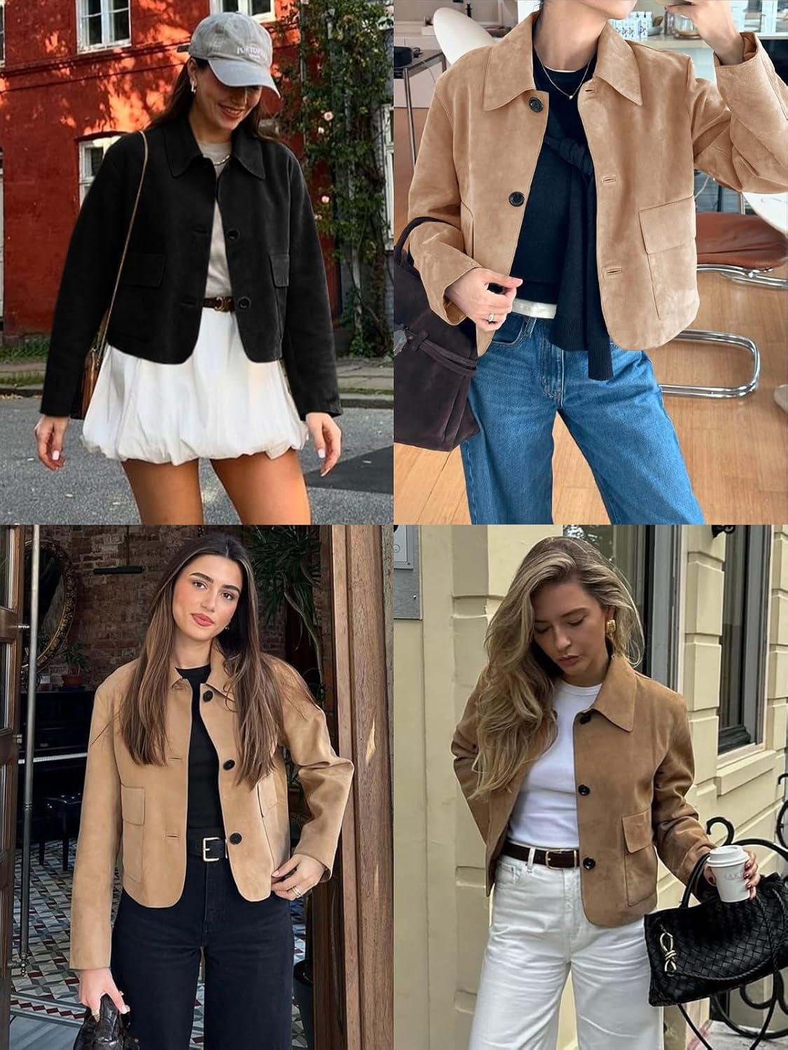 imageTankaneo Womens Faux Suede Leather Jackets Casual Cropped Coats Vintage Button Down ShacketsKhaki