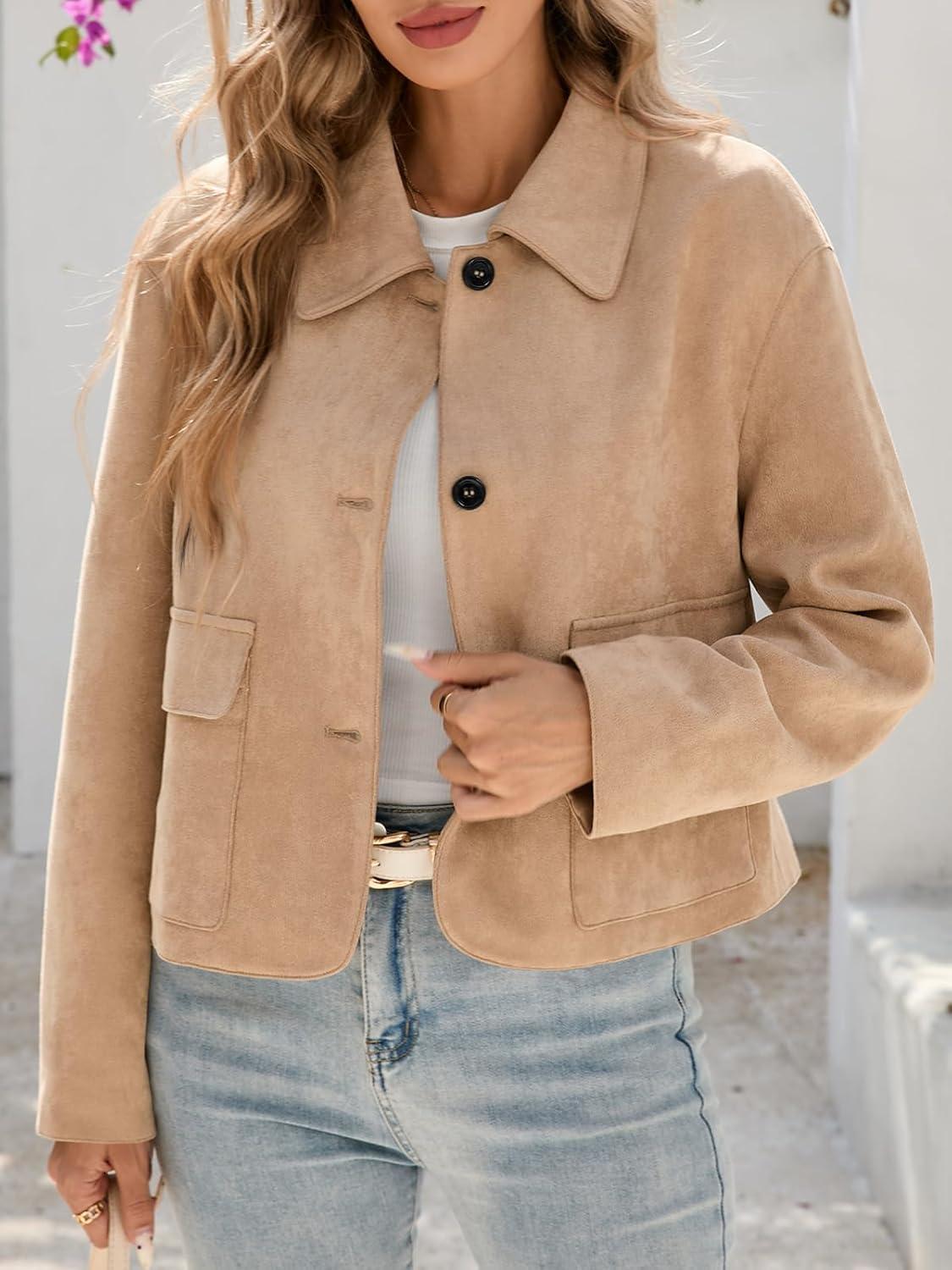 imageTankaneo Womens Faux Suede Leather Jackets Casual Cropped Coats Vintage Button Down ShacketsKhaki