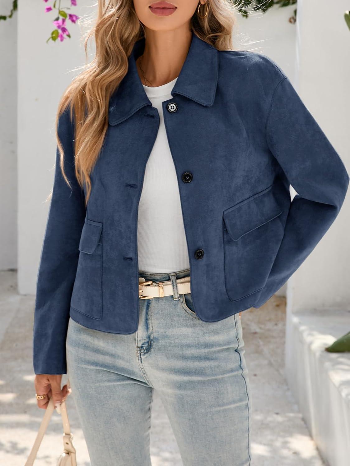 imageTankaneo Womens Faux Suede Leather Jackets Casual Cropped Coats Vintage Button Down ShacketsNavy