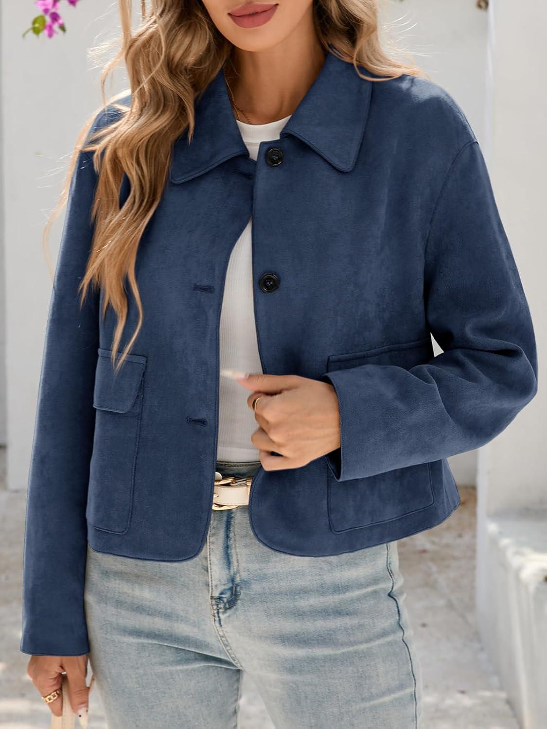 imageTankaneo Womens Faux Suede Leather Jackets Casual Cropped Coats Vintage Button Down ShacketsNavy