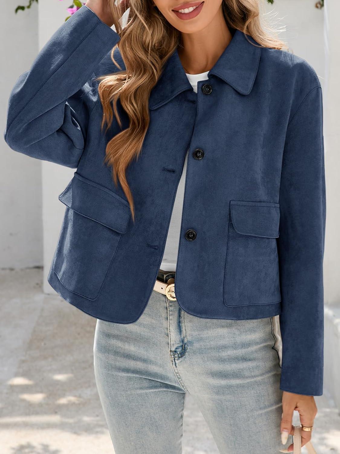 imageTankaneo Womens Faux Suede Leather Jackets Casual Cropped Coats Vintage Button Down ShacketsNavy