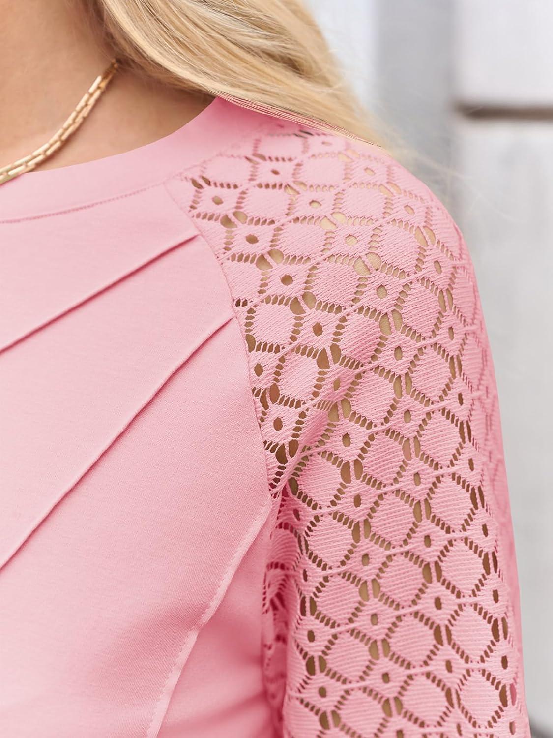 imageTankaneo Womens Lace Puff Long Sleeve Tunic Tops Hollow Out Casual Dressy Work Blouse Loose Fit Crew Neck Seam ShirtsPink