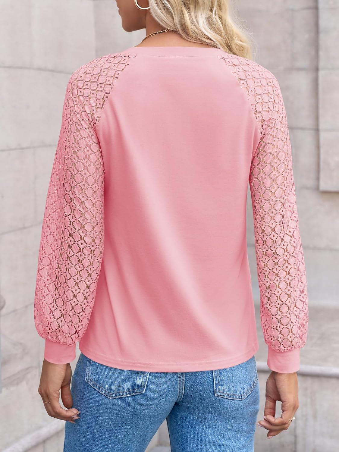 imageTankaneo Womens Lace Puff Long Sleeve Tunic Tops Hollow Out Casual Dressy Work Blouse Loose Fit Crew Neck Seam ShirtsPink