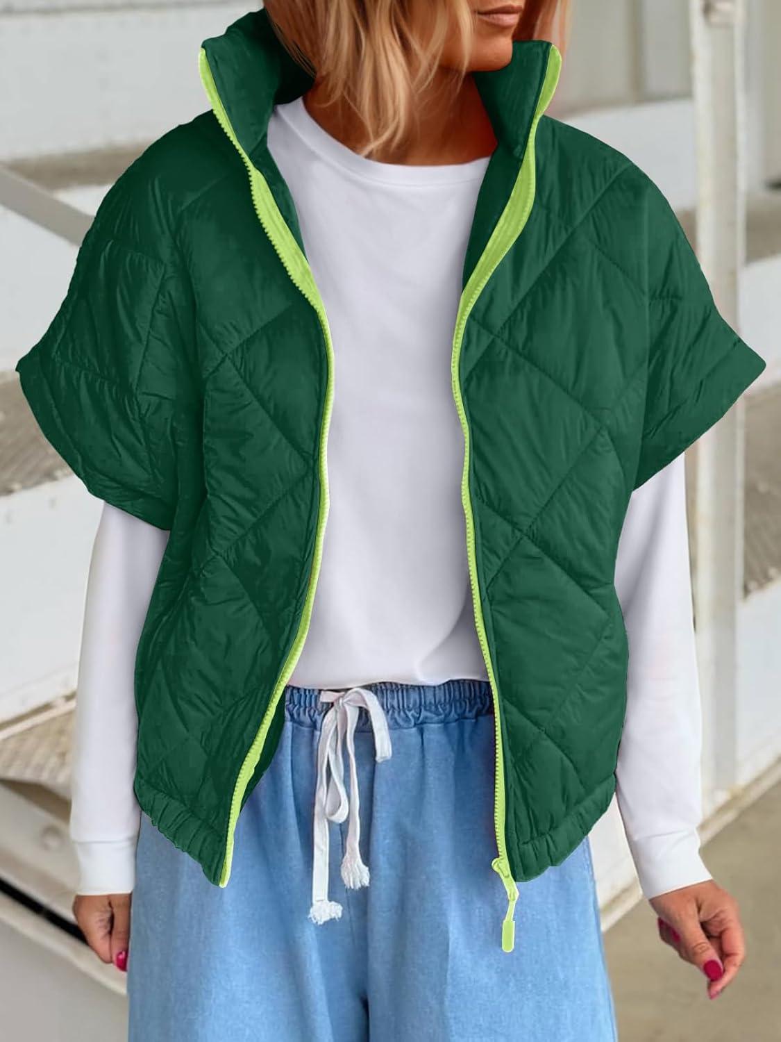 imageTankaneo Womens Lightweight Puffer Vests Sleeveless Quilted Jackets Short Sleeve Zip Up Vest Oversized Warm OuterwearDark Green