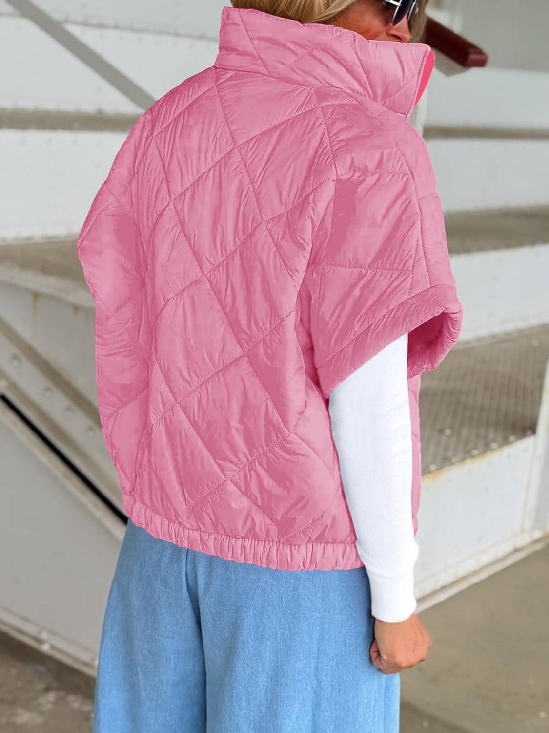 imageTankaneo Womens Lightweight Puffer Vests Sleeveless Quilted Jackets Short Sleeve Zip Up Vest Oversized Warm OuterwearPink