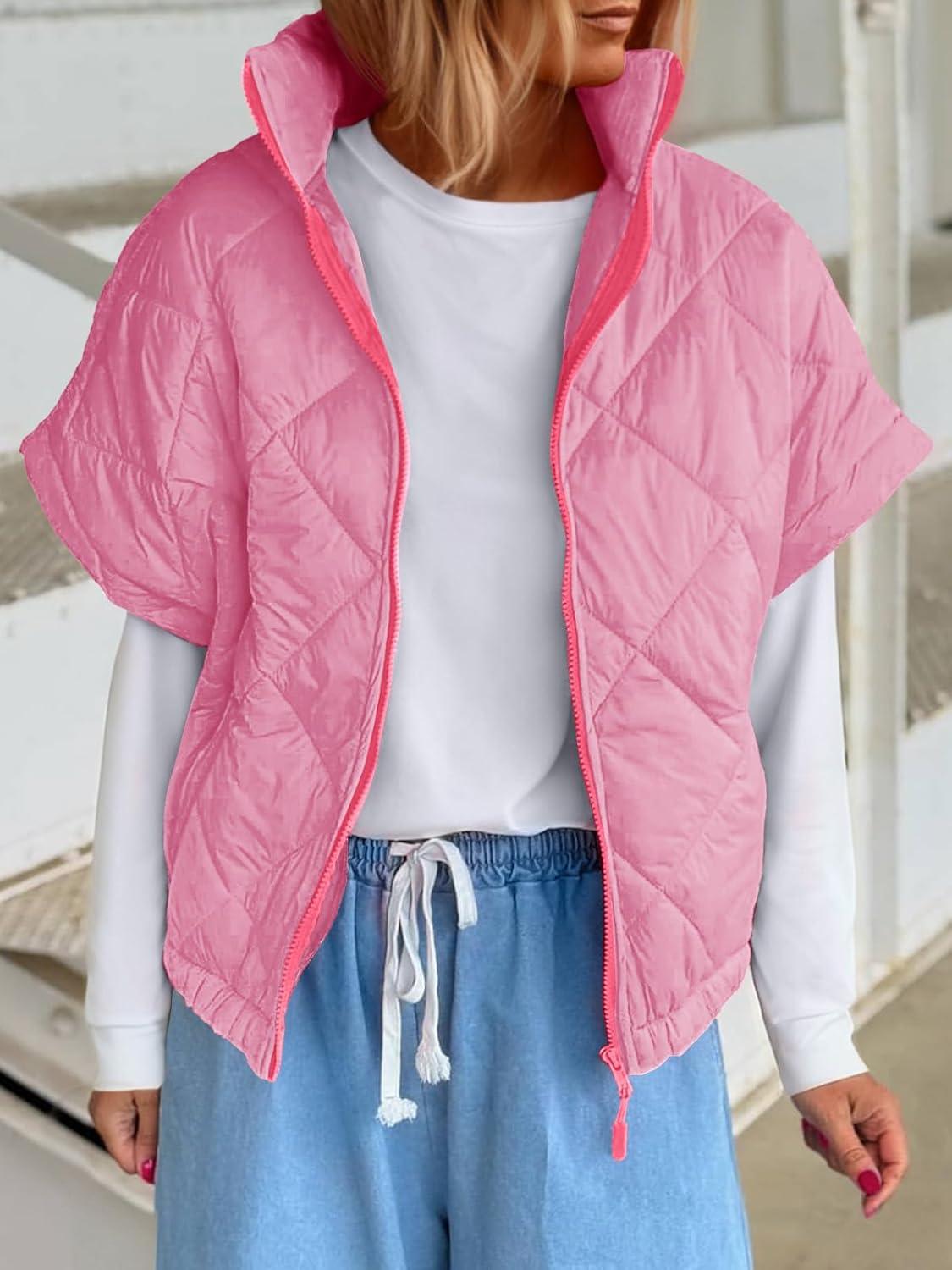 imageTankaneo Womens Lightweight Puffer Vests Sleeveless Quilted Jackets Short Sleeve Zip Up Vest Oversized Warm OuterwearPink