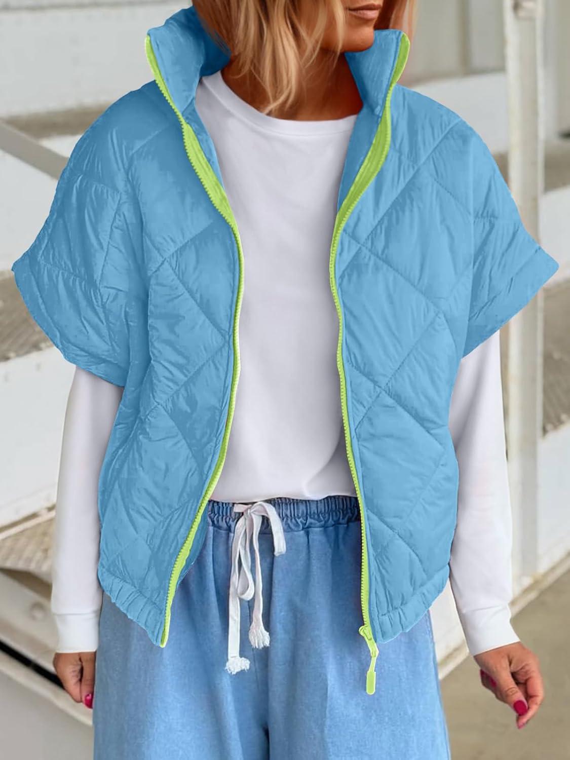 imageTankaneo Womens Lightweight Puffer Vests Sleeveless Quilted Jackets Short Sleeve Zip Up Vest Oversized Warm OuterwearSky Blue