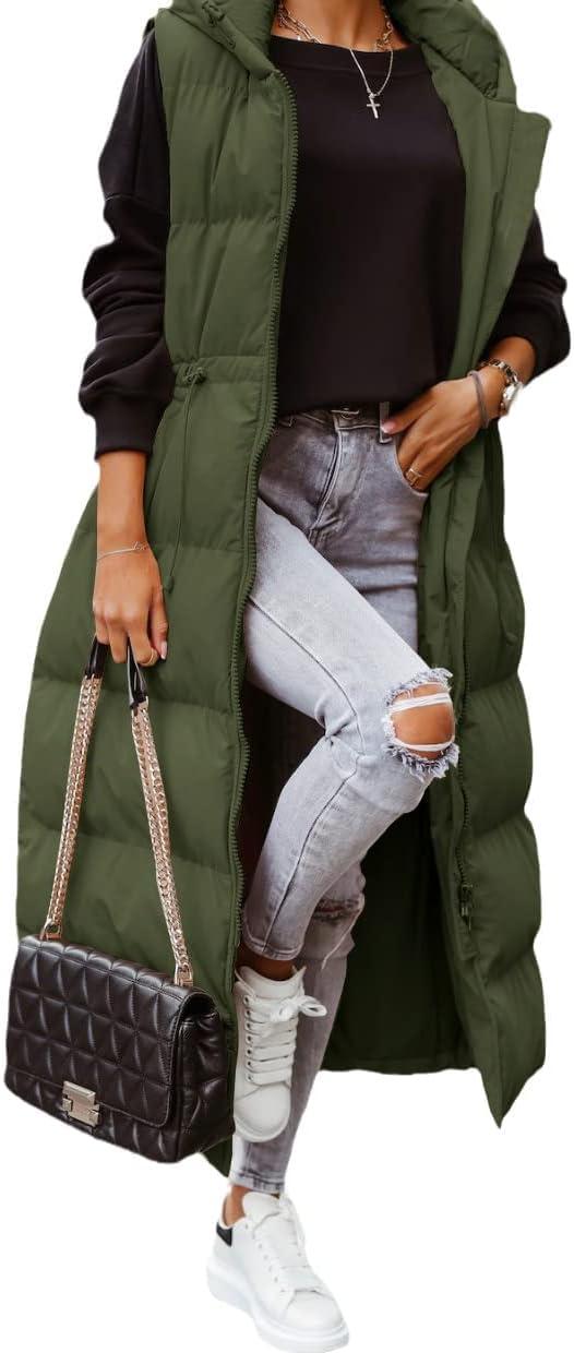 imageTankaneo Womens Long Quilted Vest Outerwear Hooded Maxi Length Sleeveless Puffer Vest Fullzip Cotton Padded CoatArmy Green