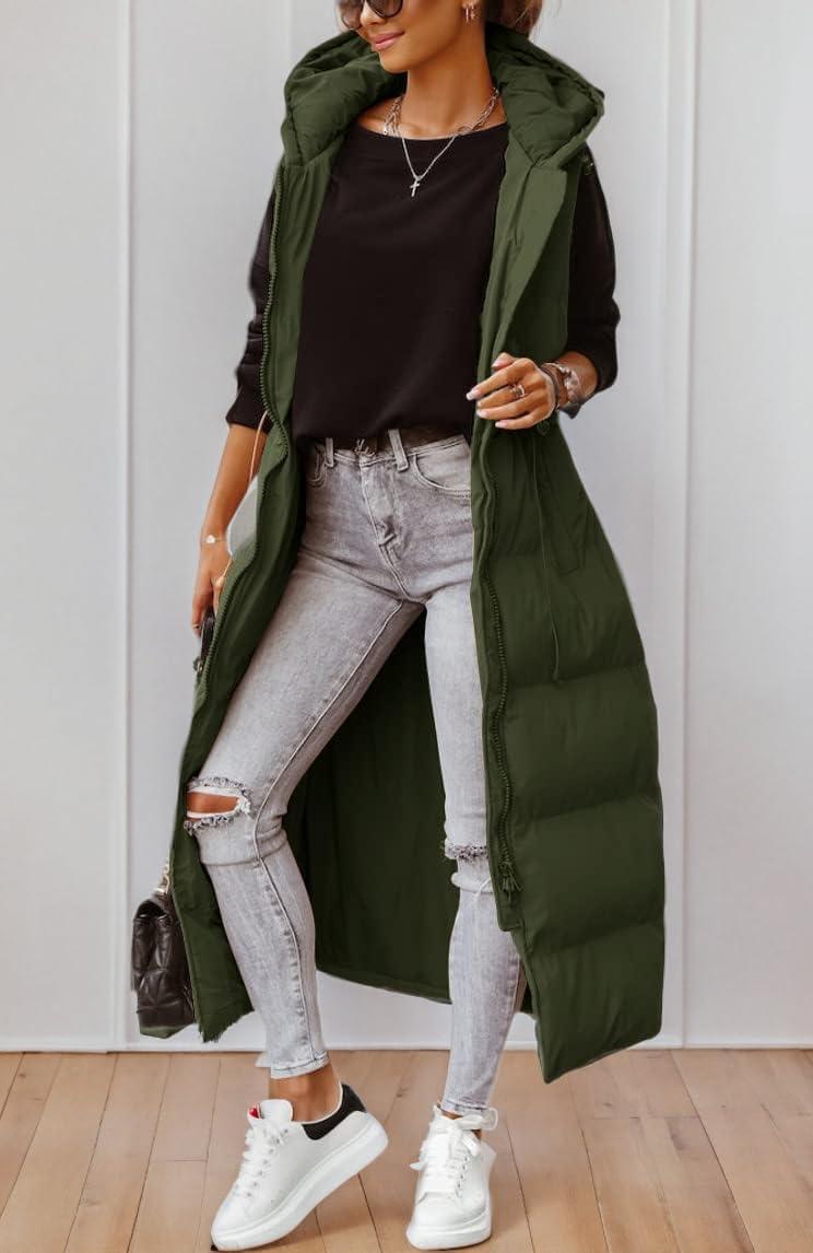 imageTankaneo Womens Long Quilted Vest Outerwear Hooded Maxi Length Sleeveless Puffer Vest Fullzip Cotton Padded CoatArmy Green