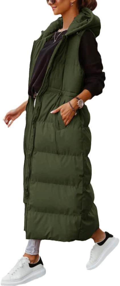 imageTankaneo Womens Long Quilted Vest Outerwear Hooded Maxi Length Sleeveless Puffer Vest Fullzip Cotton Padded CoatArmy Green