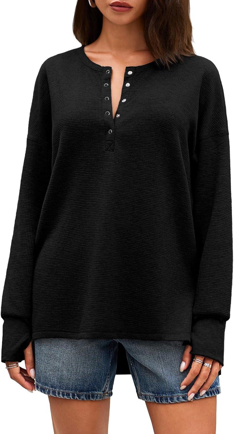 imageTankaneo Womens Long Sleeve Henley Shirts Deep V Neck Waffle Knit Tunic Tops with Thumb HoleBlack