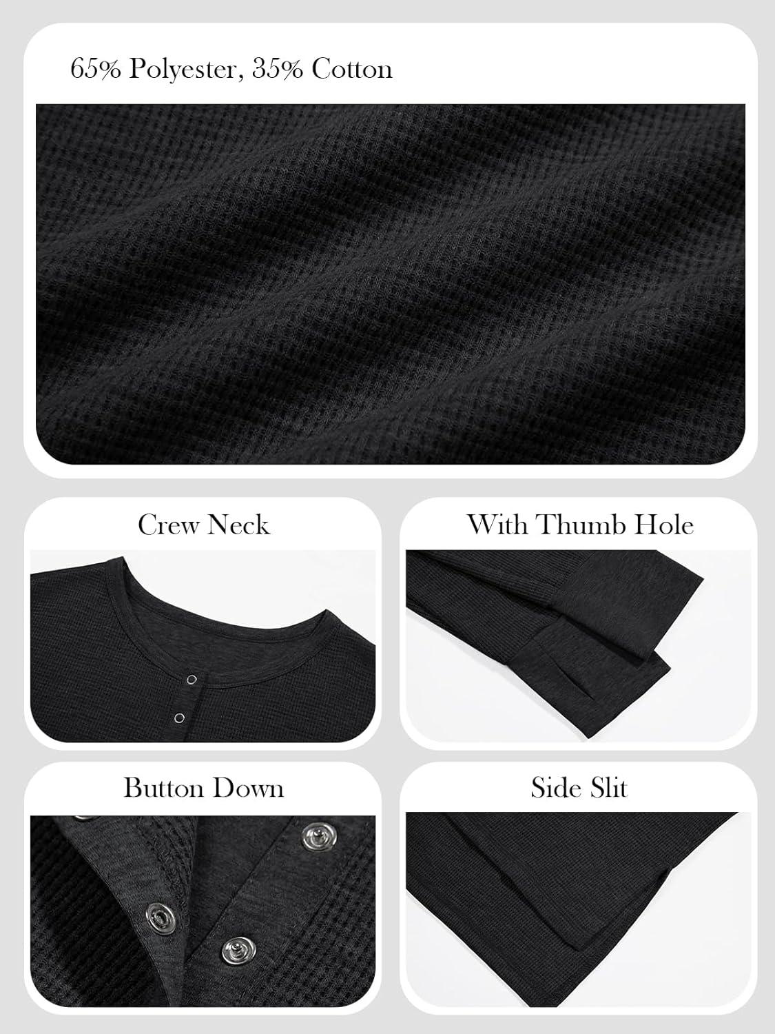 imageTankaneo Womens Long Sleeve Henley Shirts Deep V Neck Waffle Knit Tunic Tops with Thumb HoleBlack