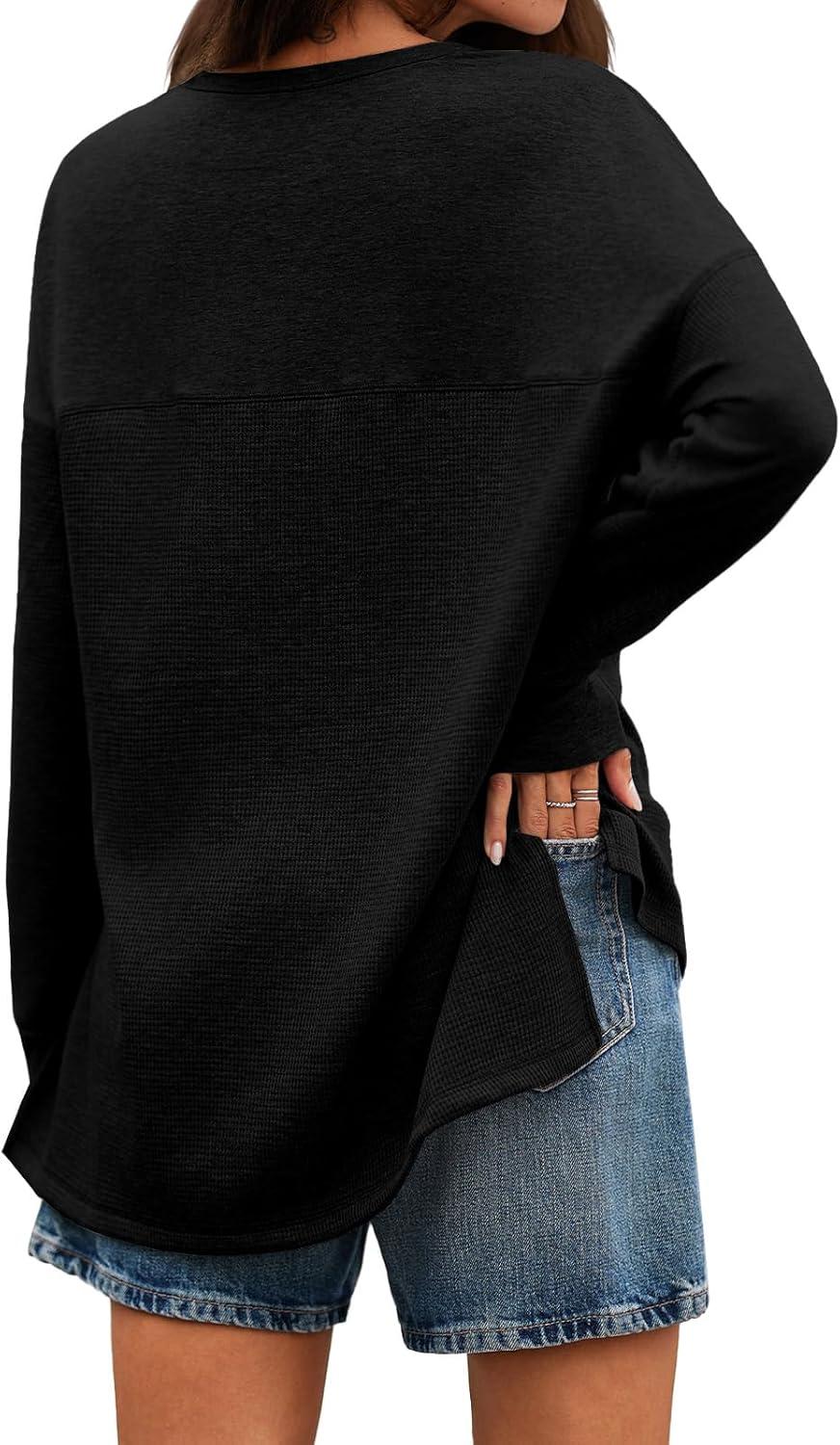 imageTankaneo Womens Long Sleeve Henley Shirts Deep V Neck Waffle Knit Tunic Tops with Thumb HoleBlack