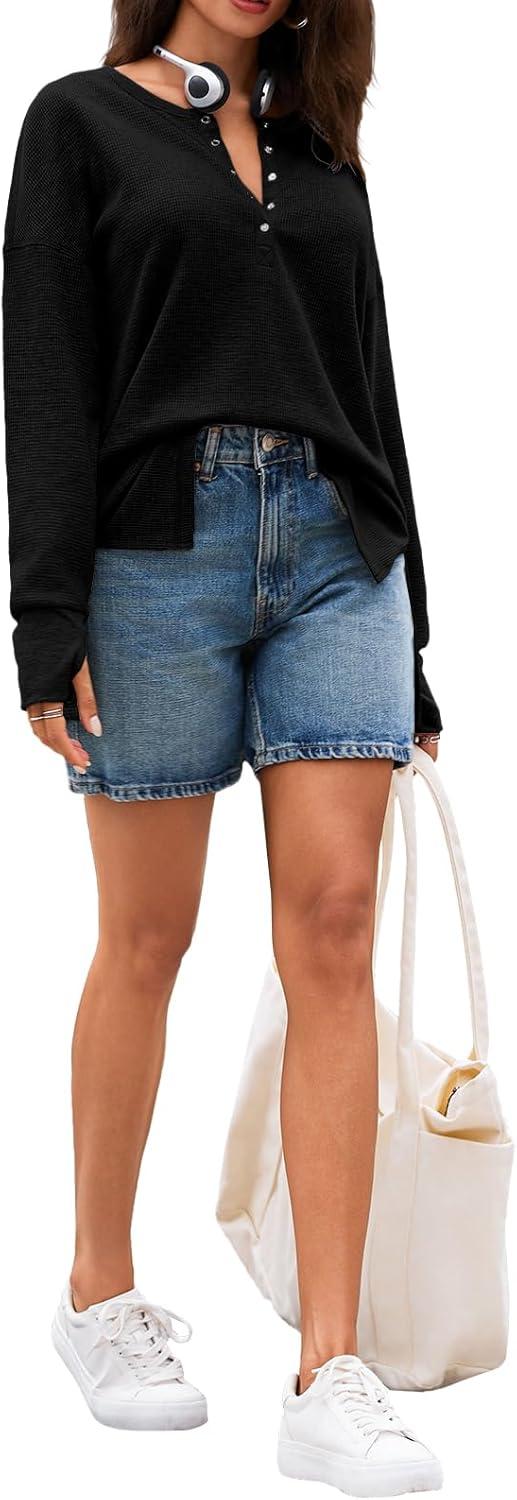 imageTankaneo Womens Long Sleeve Henley Shirts Deep V Neck Waffle Knit Tunic Tops with Thumb HoleBlack