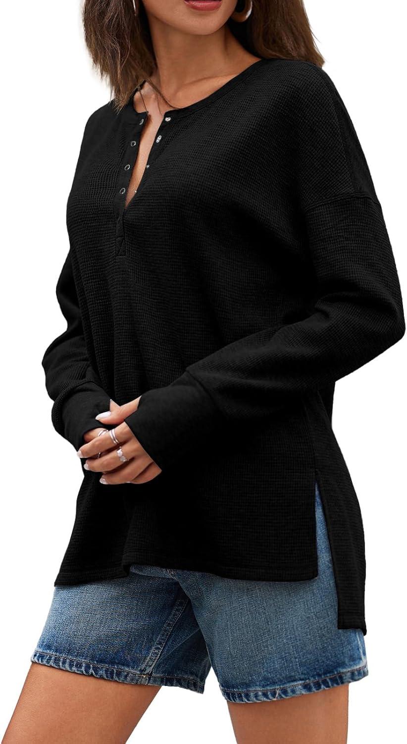 imageTankaneo Womens Long Sleeve Henley Shirts Deep V Neck Waffle Knit Tunic Tops with Thumb HoleBlack