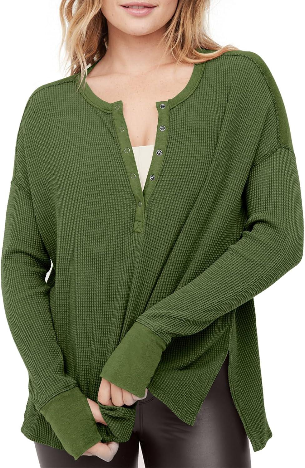 imageTankaneo Womens Long Sleeve Henley Shirts Deep V Neck Waffle Knit Tunic Tops with Thumb HoleGreen