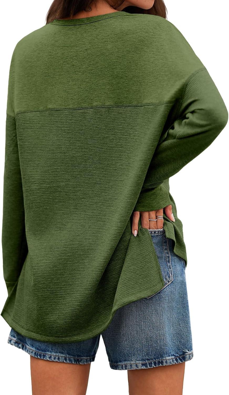 imageTankaneo Womens Long Sleeve Henley Shirts Deep V Neck Waffle Knit Tunic Tops with Thumb HoleGreen