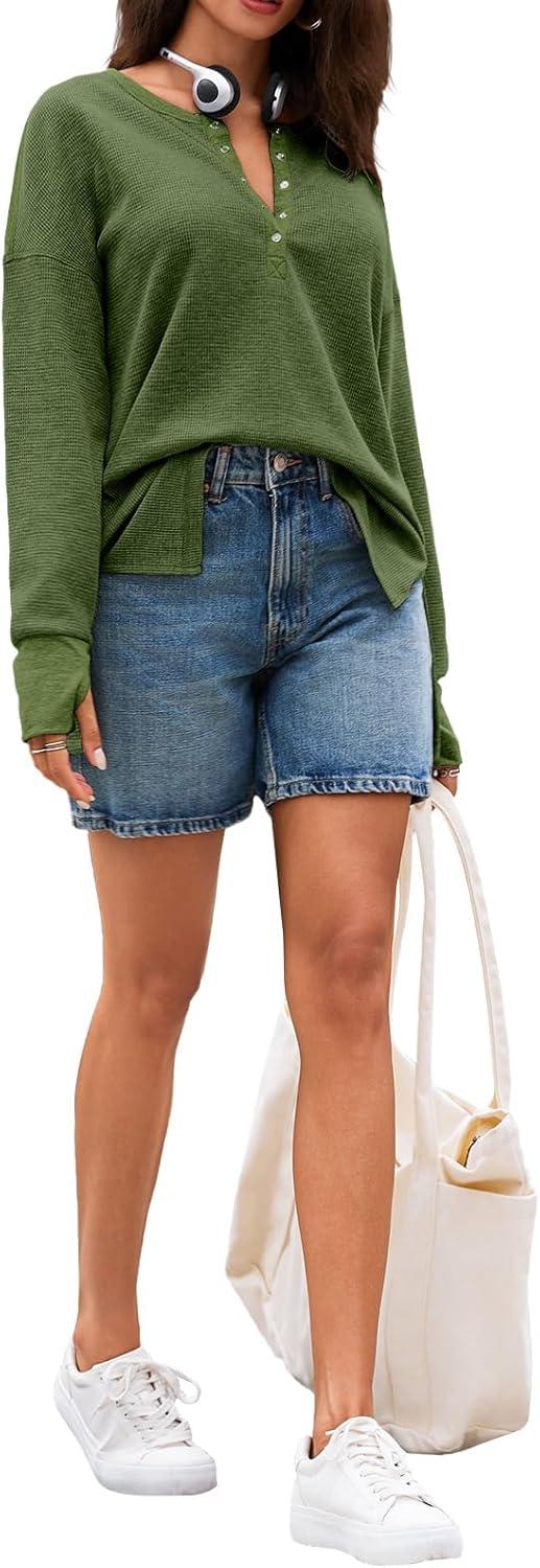 imageTankaneo Womens Long Sleeve Henley Shirts Deep V Neck Waffle Knit Tunic Tops with Thumb HoleGreen