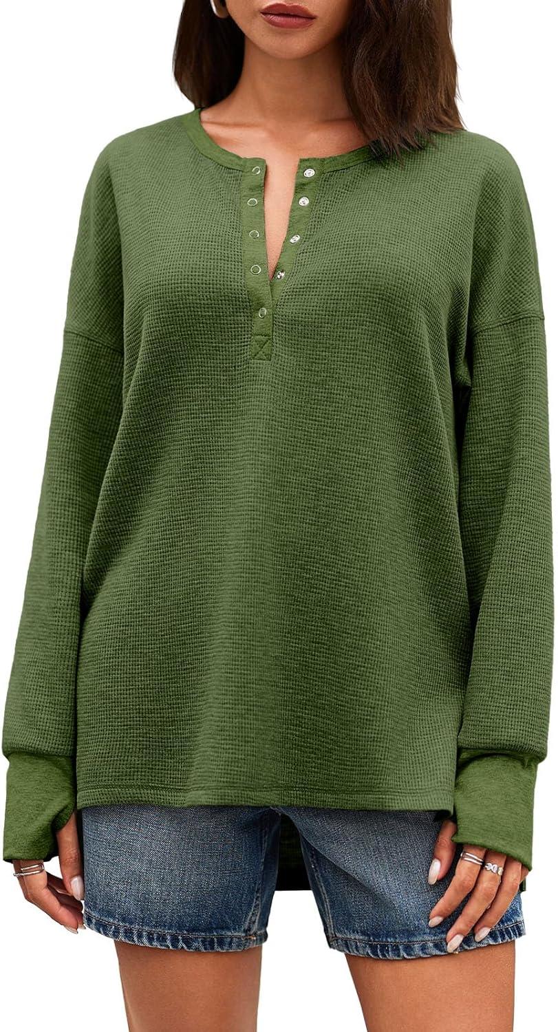 imageTankaneo Womens Long Sleeve Henley Shirts Deep V Neck Waffle Knit Tunic Tops with Thumb HoleGreen